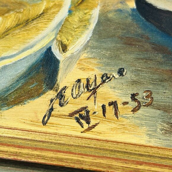 Vintage Sailboat on Beach Oil Painting Signed JE Ayers Framed 9X11" Dated 1953 - Picture 3 of 6